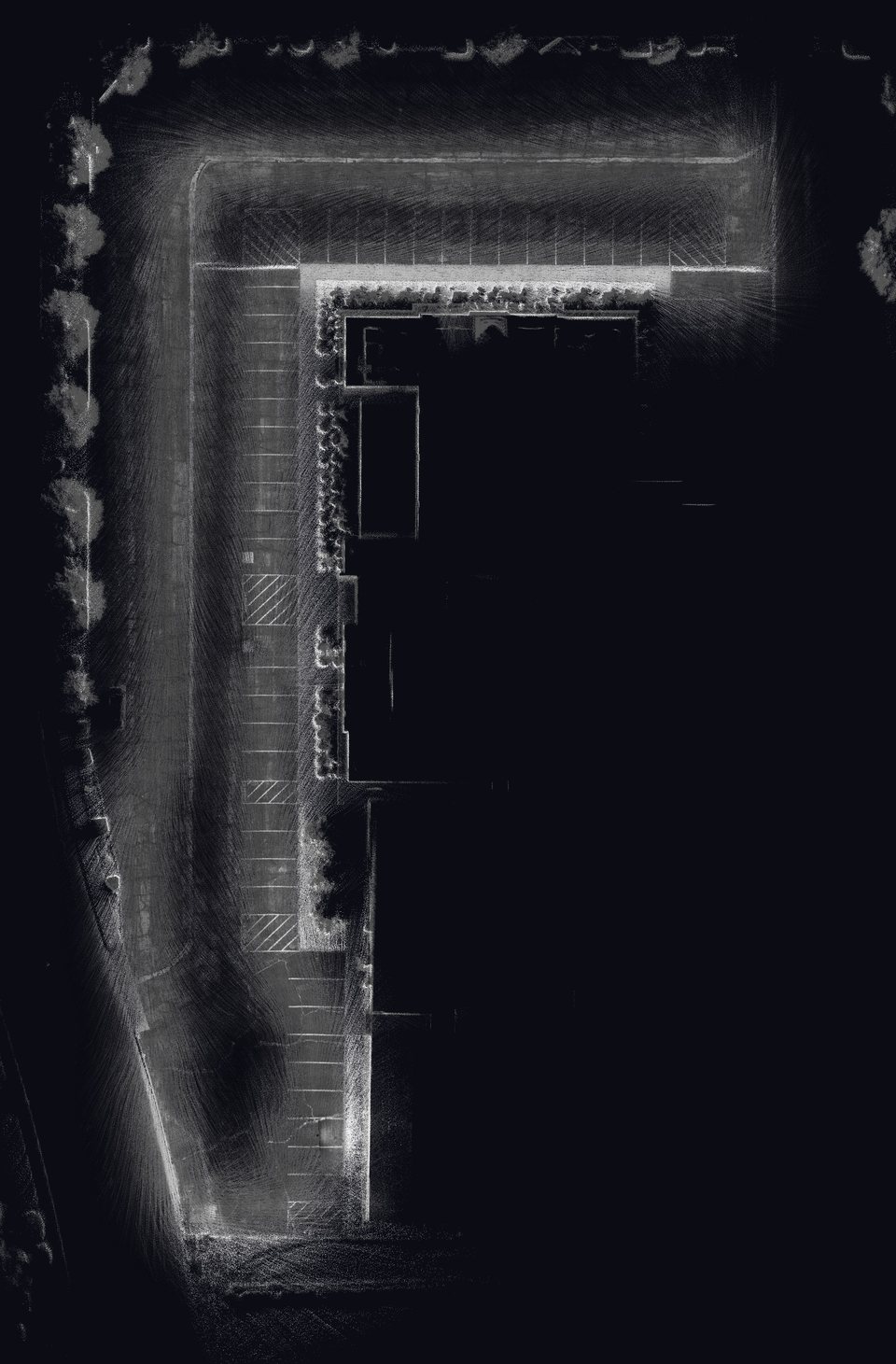 Top view of a real parking lot from the laser scanner: an L-shaped lot around a building, with stall lines, hatched accessible aisles and trees, shaded by how strongly the laser bounced back.